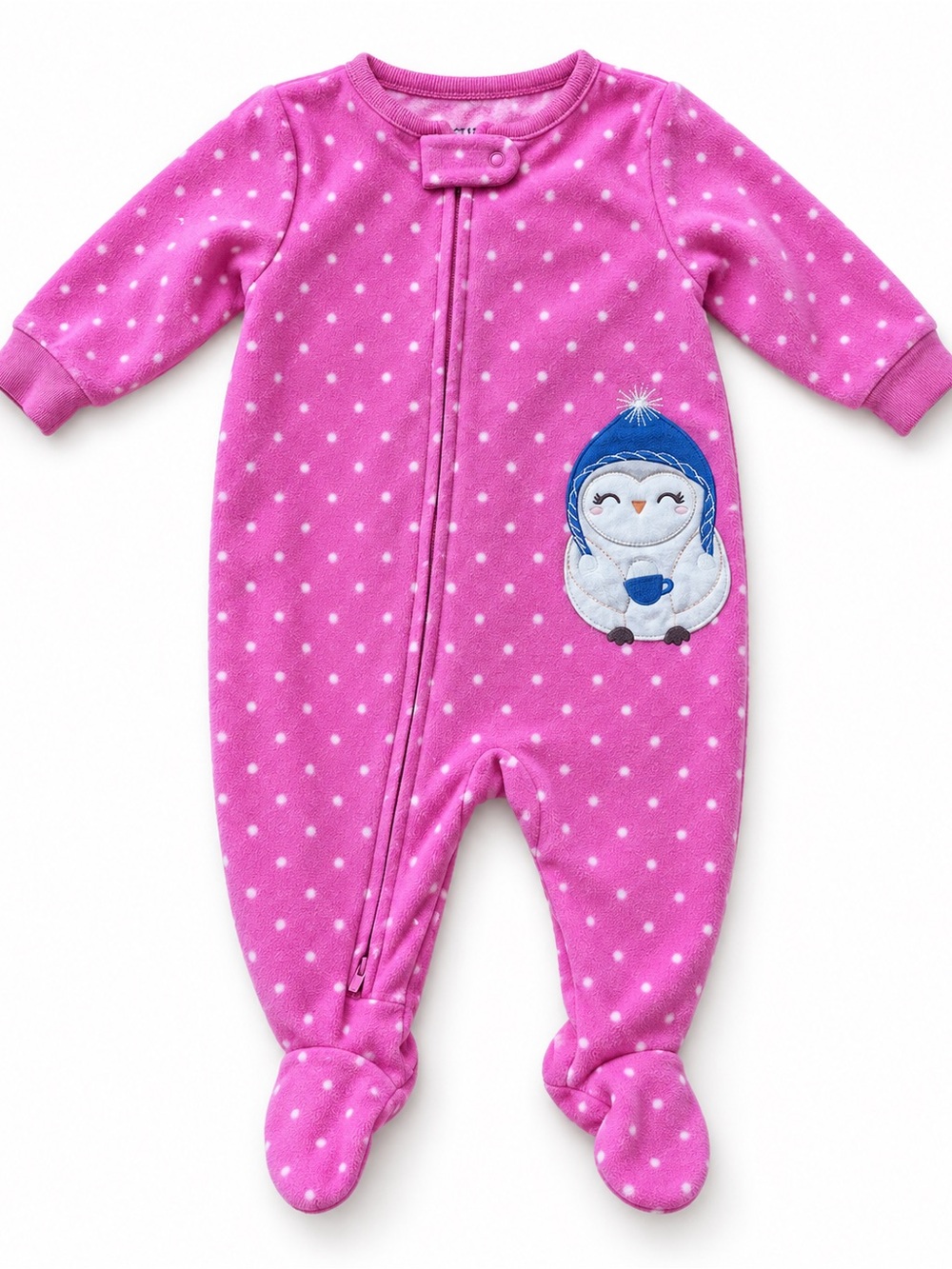CARTERS Baby Pink Polka Dot Footed One-Piece with Penguin Patch